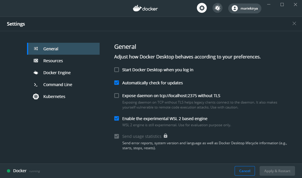 Screenshot of Docker settings
